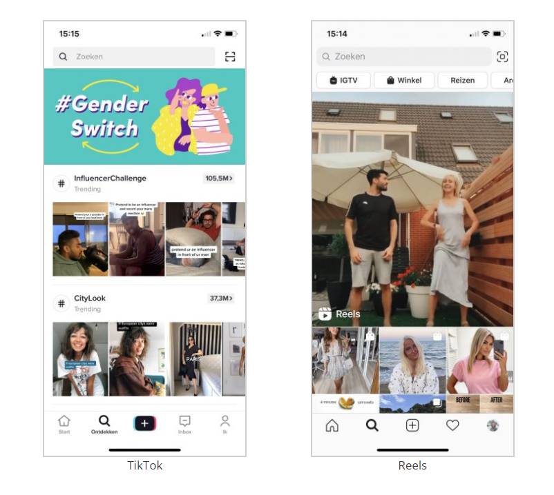 TikTok strategie voor bedrijven - Twee screenshots ter vergelijking van TikTok en Instagram Reels - SEO vrienden